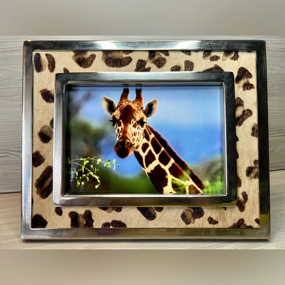 Z Gallerie Leopard Print Calf Hair Picture Frame 5x7 Silver Chrome